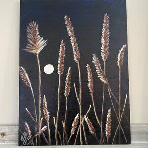 Original Painting Acrylic on Canvas Board 9in x 12in Moonlight with Grass